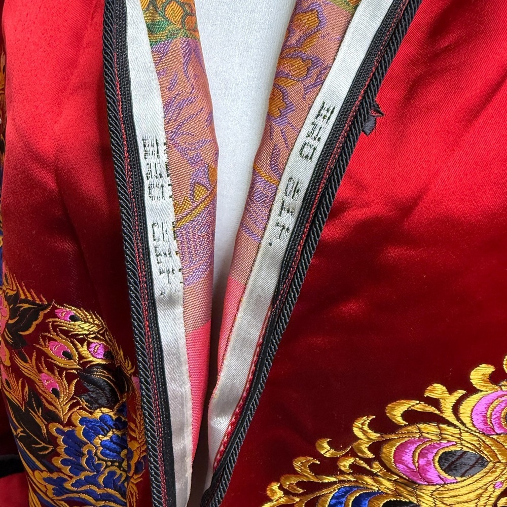 VTG Red Chinese Brocade Phoenix Dragon Maxi Robe Duster Mandarin Collar Velvet - Picture 2 of 8